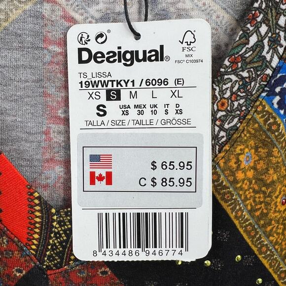 Desigual Top US XS V Neck Long Sleeve Boho Patterned Studdded New - Picture 6 of 6